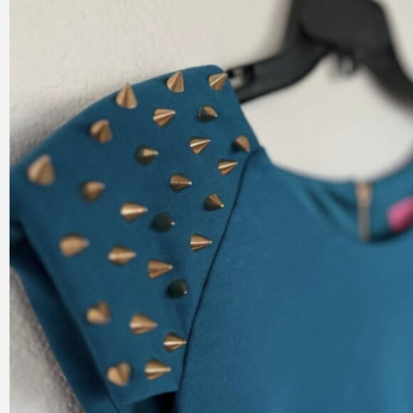 Betsey Johnson Sheath Teal Dress with Spiked Shoulders and gold zipper, Size 6 - Picture 1 of 8